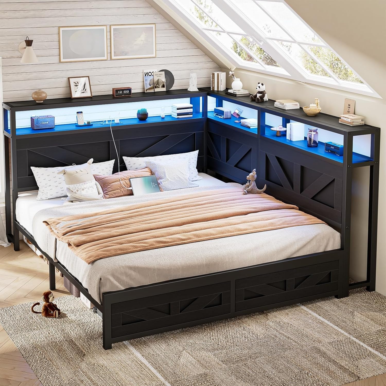 Corner Queen Size Bed Frame with Headboard and Storage Bookcase Large Capacity F