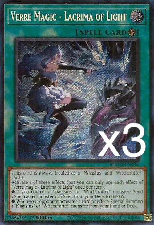 3X Yugioh Verre Magic - Lacrima of Light BLMM-EN046 1st Edition Secret Rare NM