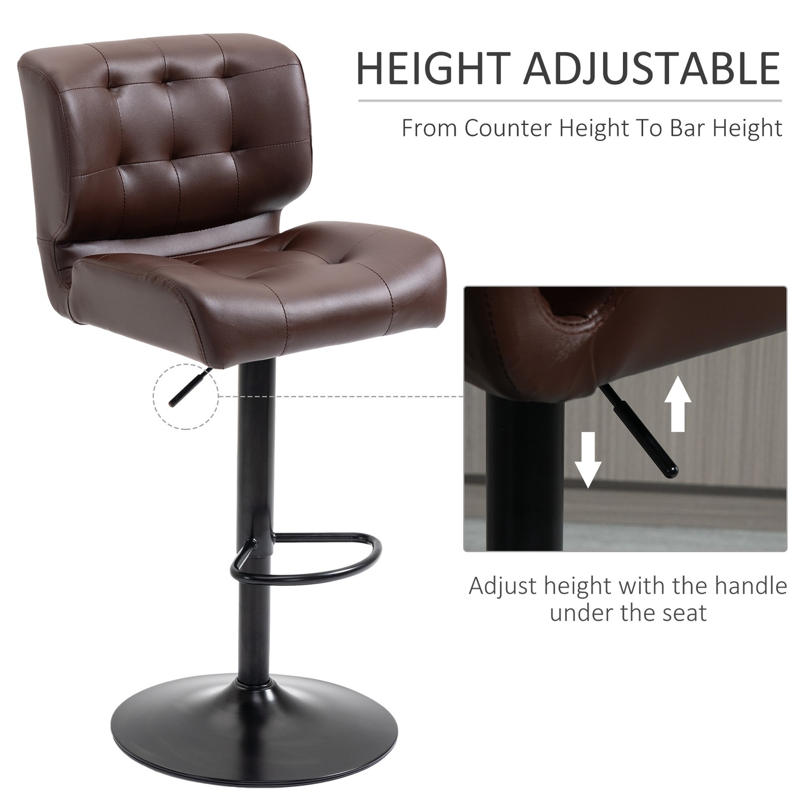 Set of 2 Adjustable Height Bar Stools with Padded Seat and Footrest