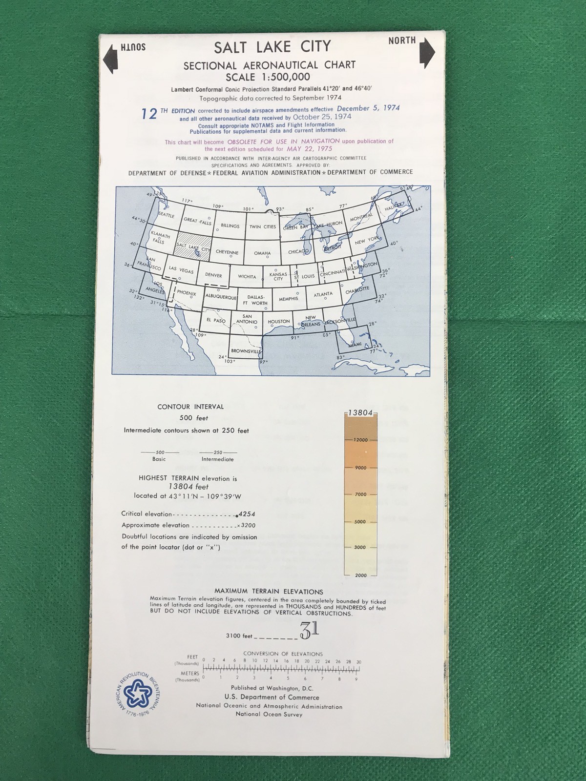 Vintage 1974 Salt Lake City Sectional Aeronautical Aviation Chart  Map,  12th Ed