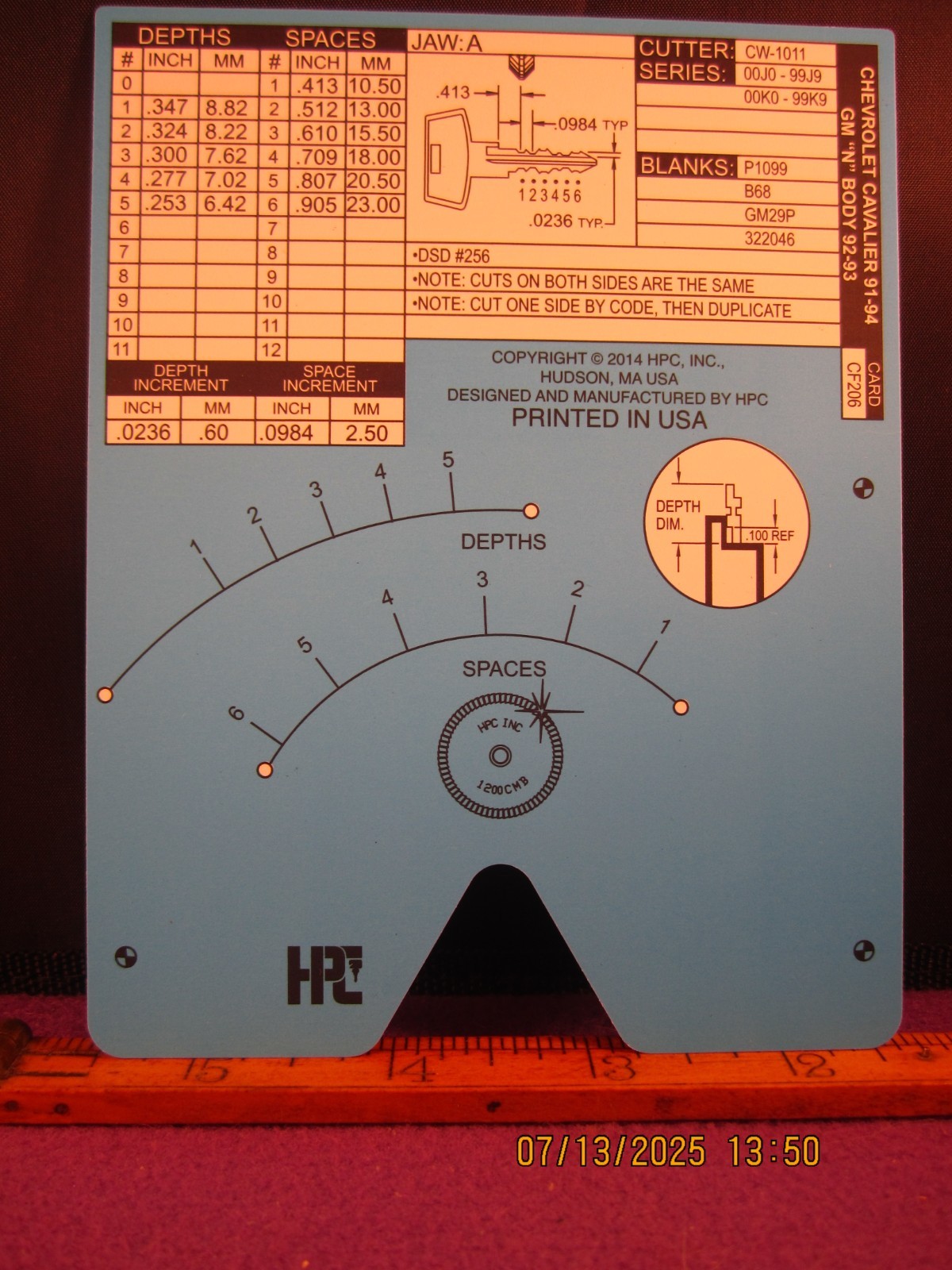 HPC 1200 BLITZ KEY CODE CARD CF 206  ( CHEVROLET CAVALIER 91 THUR 94 ) BRAND NEW