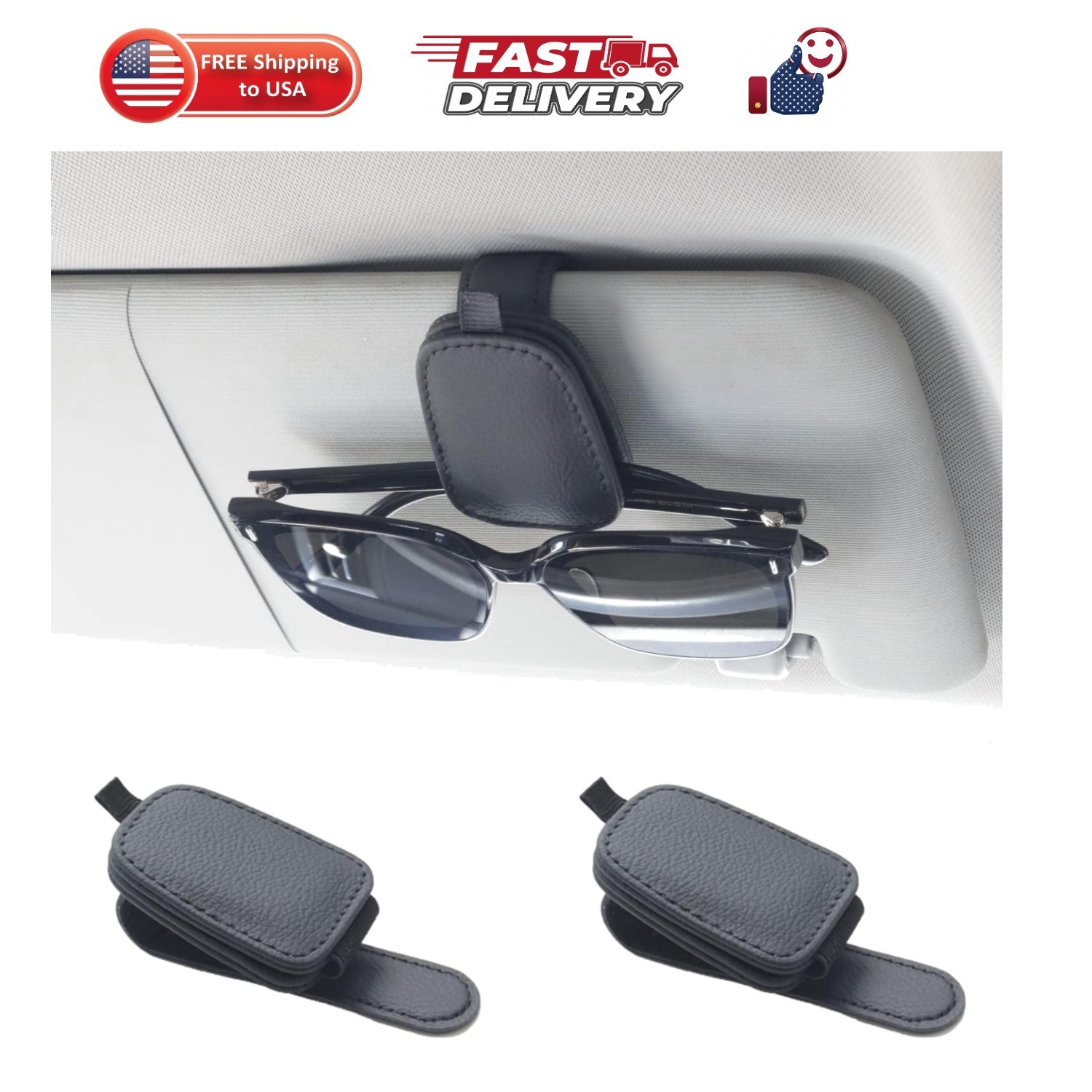 Magnetic Leather Sunglasses Holder for Car, 2 Packs Black | Magnetic Car Viso...