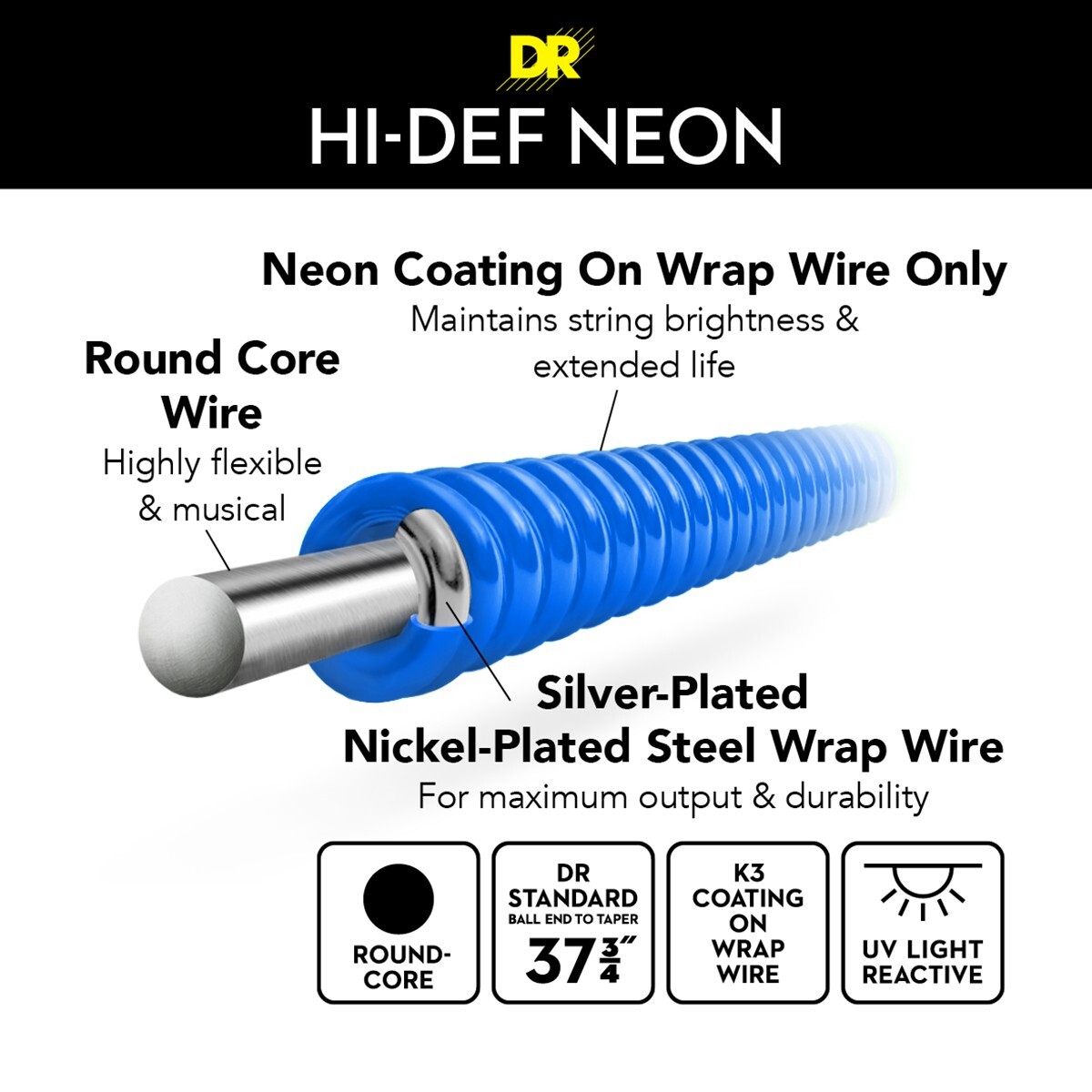 DR Strings Hi-Def Neon Blue Bass Strings 5-String Medium 45-125