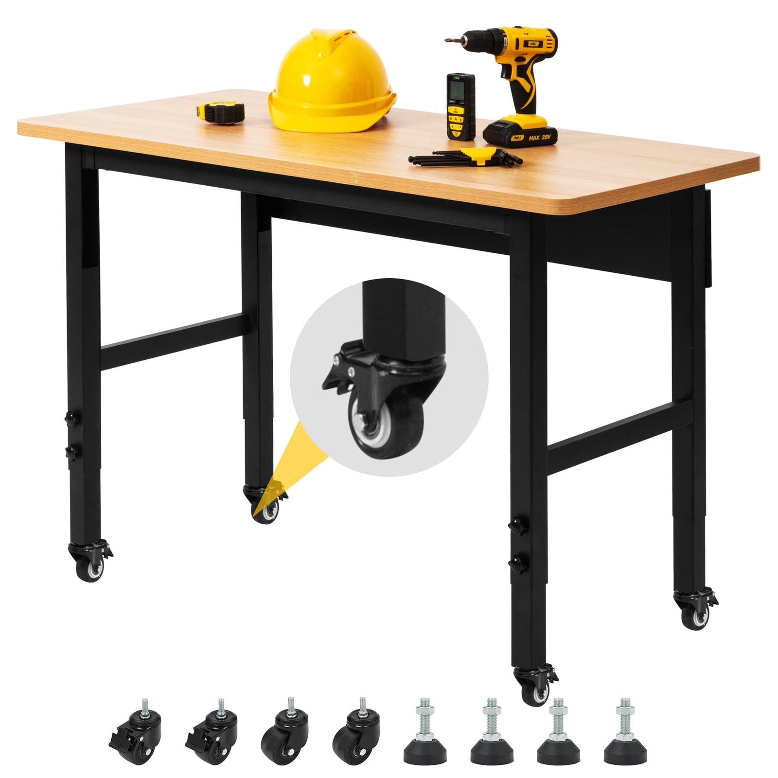 Steelite 48" Adjustable Heavy-Duty Workbench Hardwood Top Worktable with Wheels