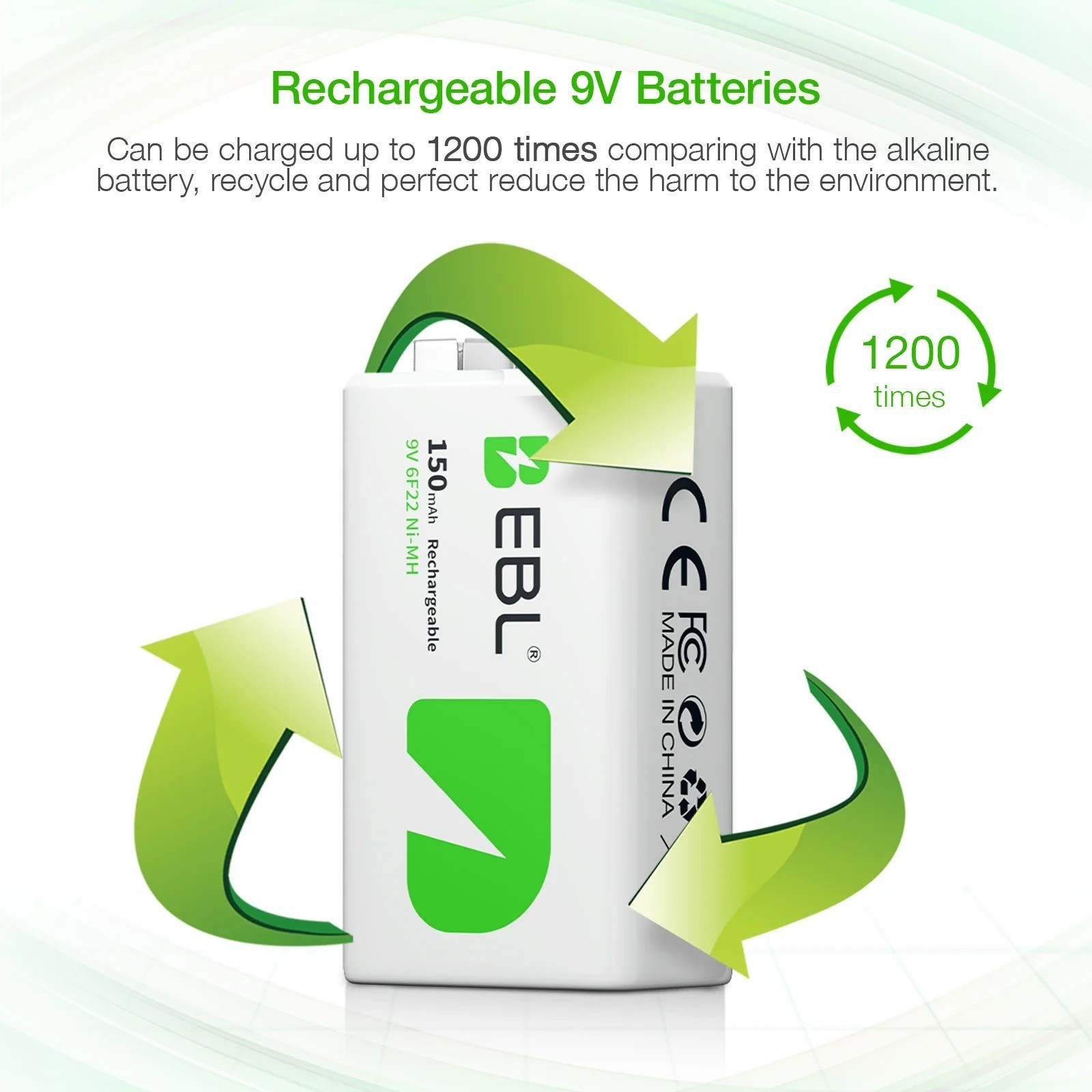 EBL 9V NIMH Rechargeable Batteries 2PCS ，2 Count,
