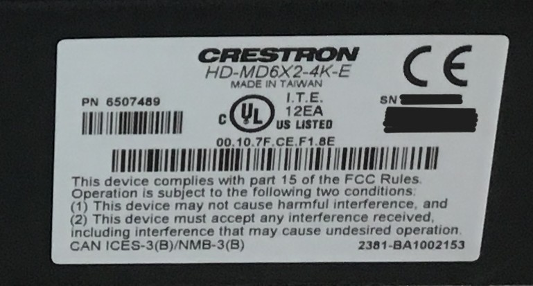 Crestron HD-MD6X2-4K-E 6x2 HDMI Switcher with power adapter and Rack mount