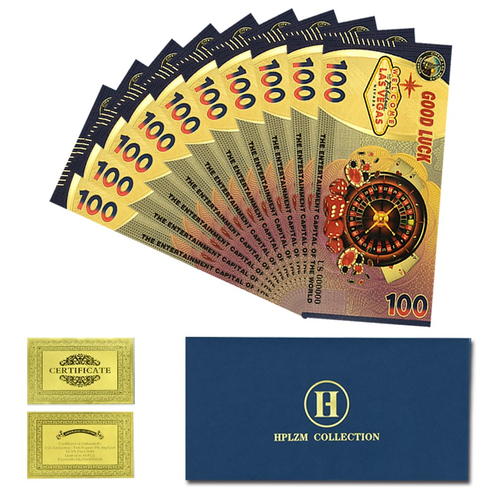 Las Vegas Lucky 100 Dollars Gold Foil Banknotes Set 10pcs – Casino Souvenir