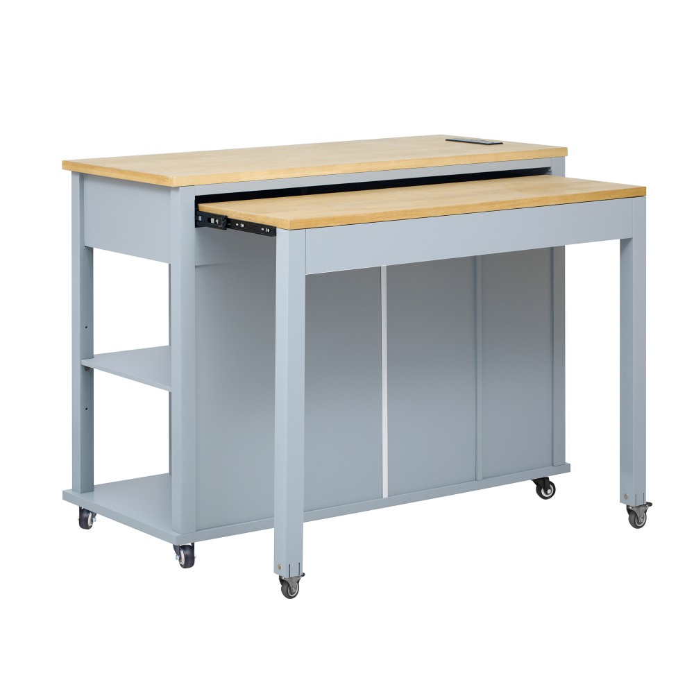 47-inch Kitchen Island w/ Extendable Table, Storage, Outlet - Grey Blue