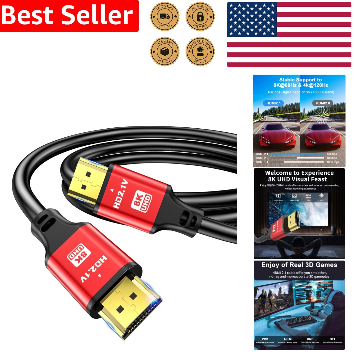Ultra High Speed HDMI 2.1 Cable 1.5FT - 48Gbps, Supports 8K/4K, Red Aluminum