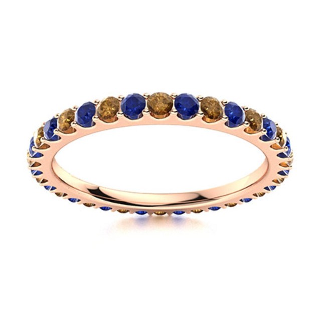 Round Blue Sapphire & Smoky Quartz 925 Sterling Silver Rose Plated Eternity Ring