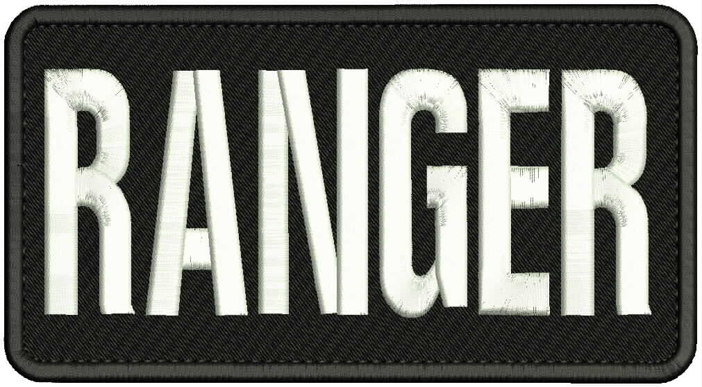 RANGER  EMBROIDERY PATCH 4X8 HOOK ON BACK  WHITE ON BLACK