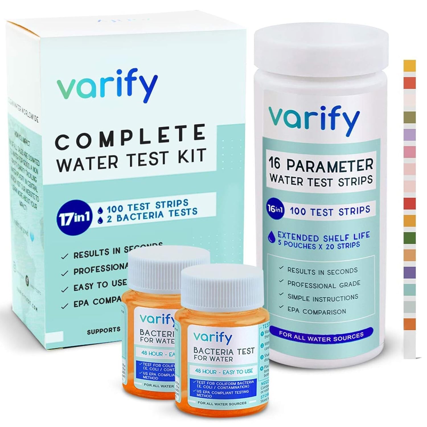 Professional 17 Parameter Water Quality Kit - 100 Strips + Bacteria Tests