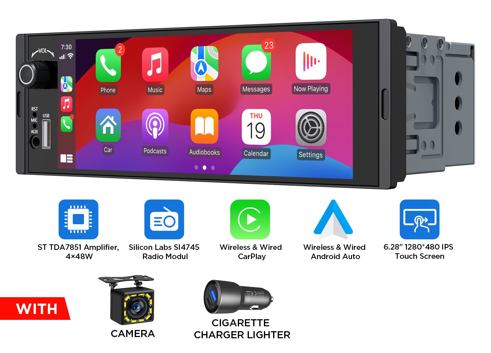 Single DIN 6.28" Android Auto Car Radio Stereo CarPlay Touch Screen Player Audio