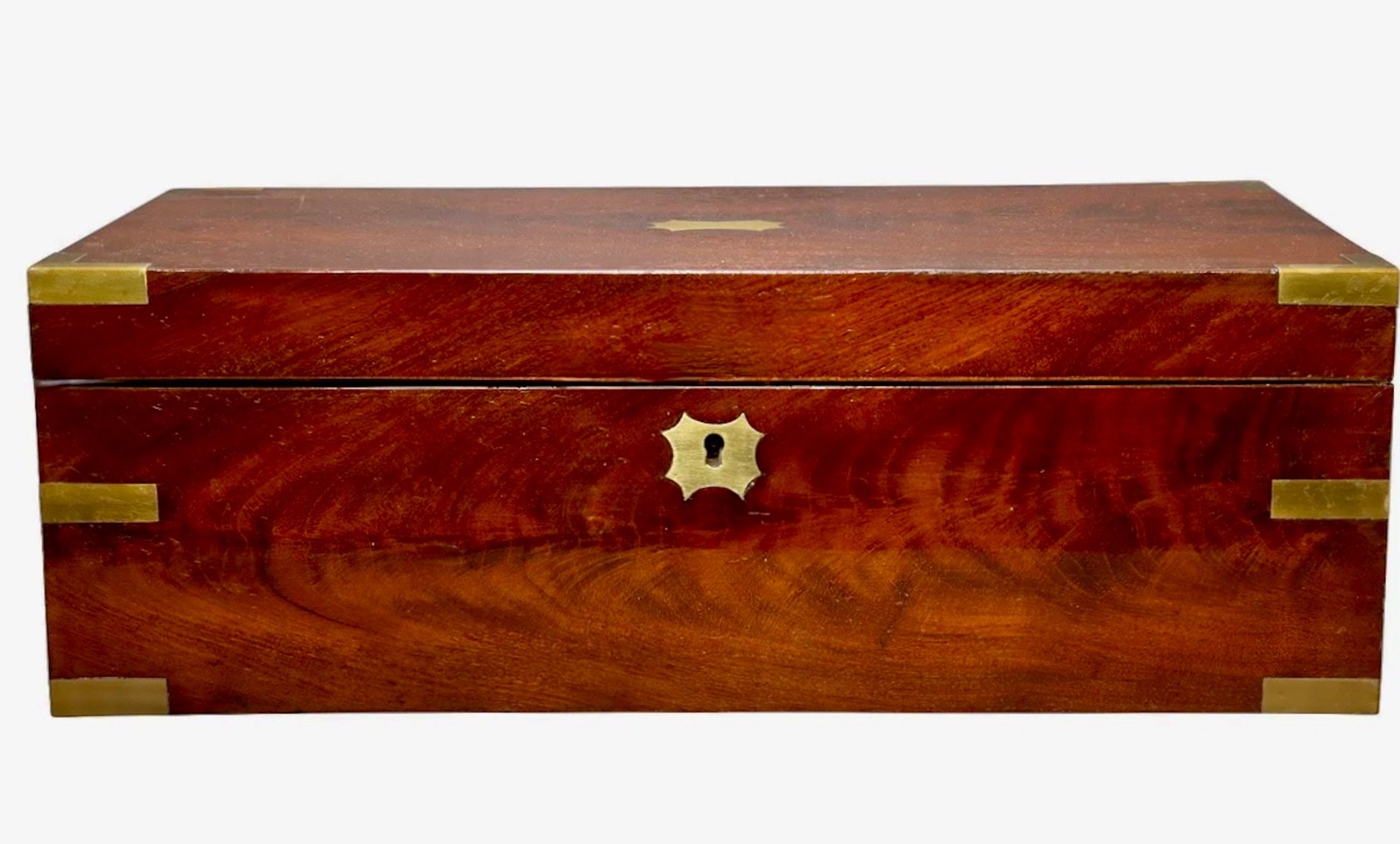 Antique English Brass Bound Mahogany Writing Slope Travel Desk VR Crown 19th C