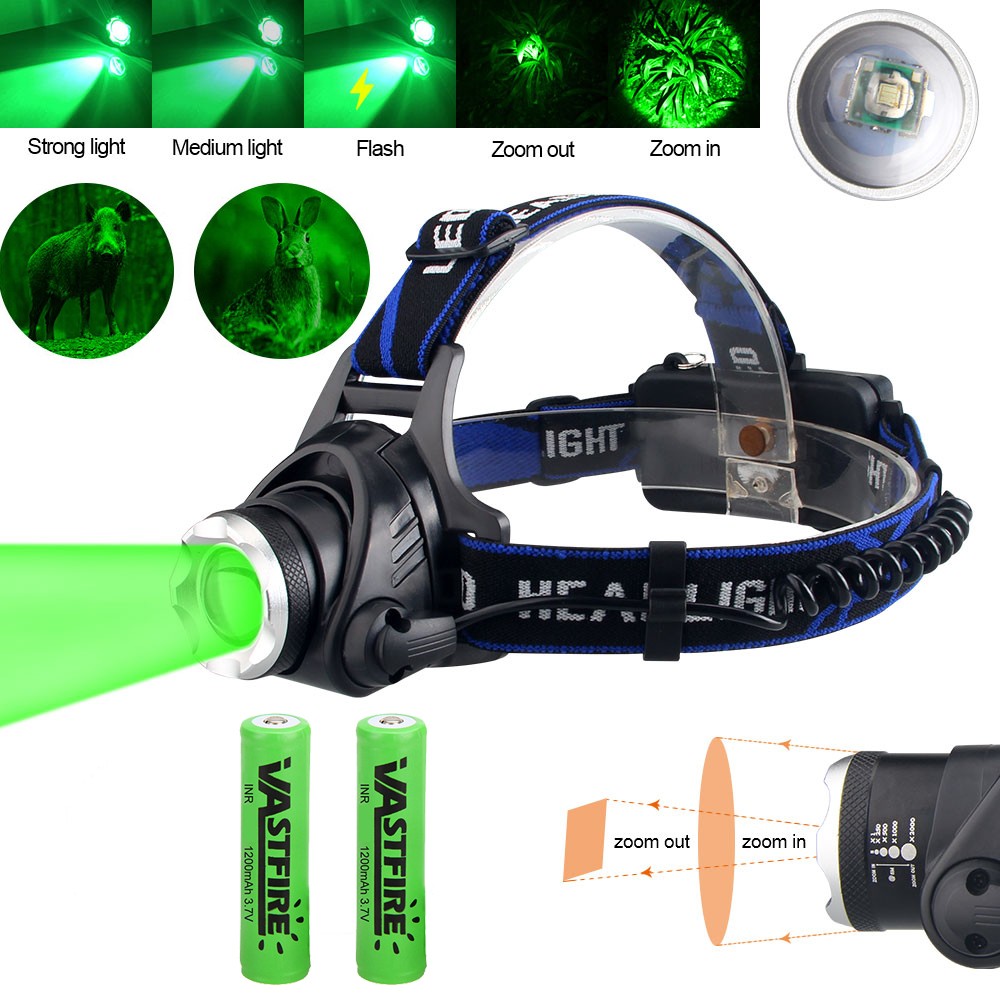 Green LED Headlamp Head Light Torch Rechargeabe Coyote Hog Night Hunting Lamp US