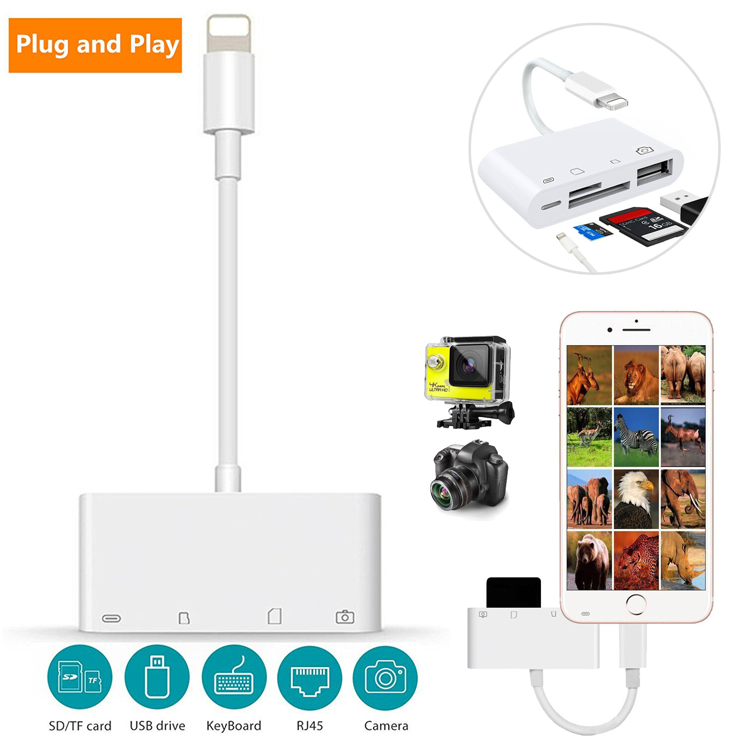 USB to Card Reader Adapter USB Camera Micro SD Memory Slot for iPhone iPad iPod
