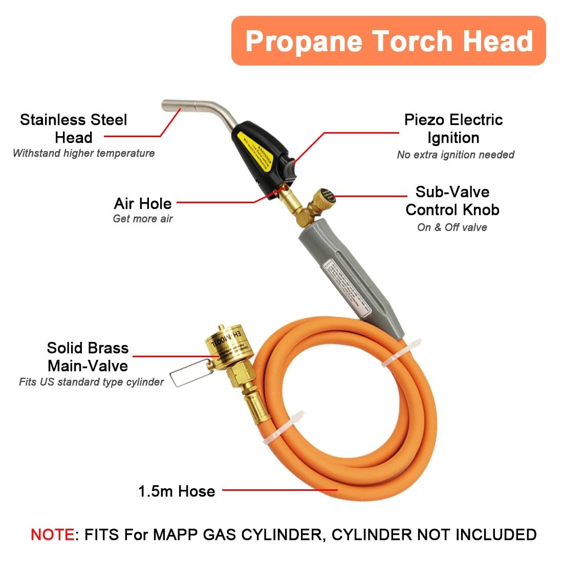 Propane Torch Head, Mapp Gas Torch with Trigger Start, Adjustable Flame Knob