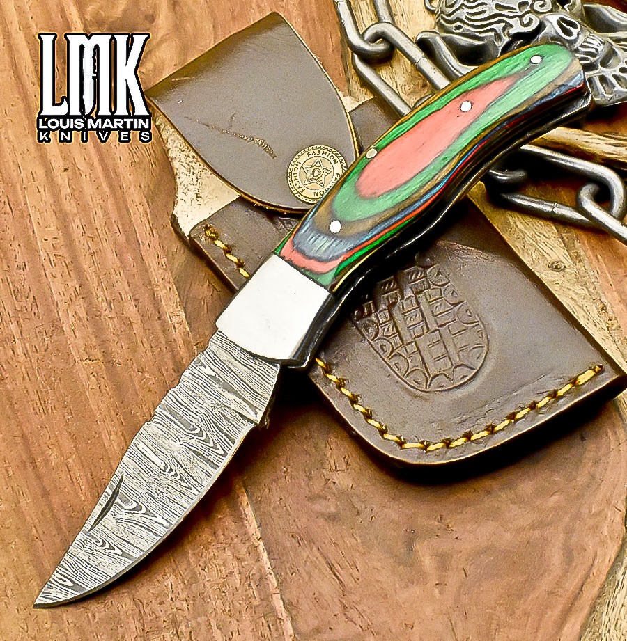 LMK Custom Twist Damascus Folding Knife Hard Wood Back Lock Fishing Outdoor Gift