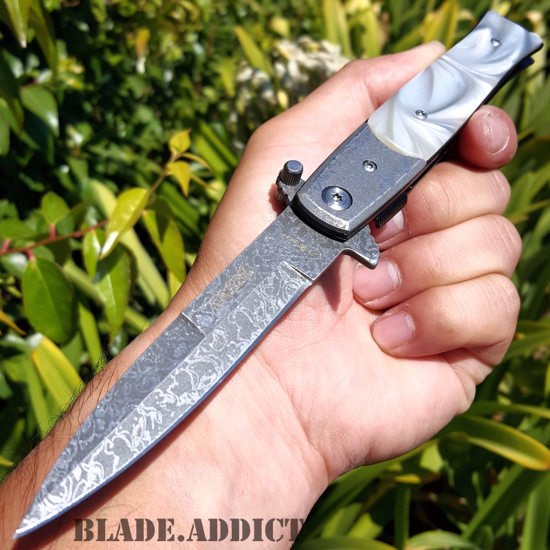 Classic Everyday Carry Damascus Etch Spring Open Assisted Pocket Knife Pearl