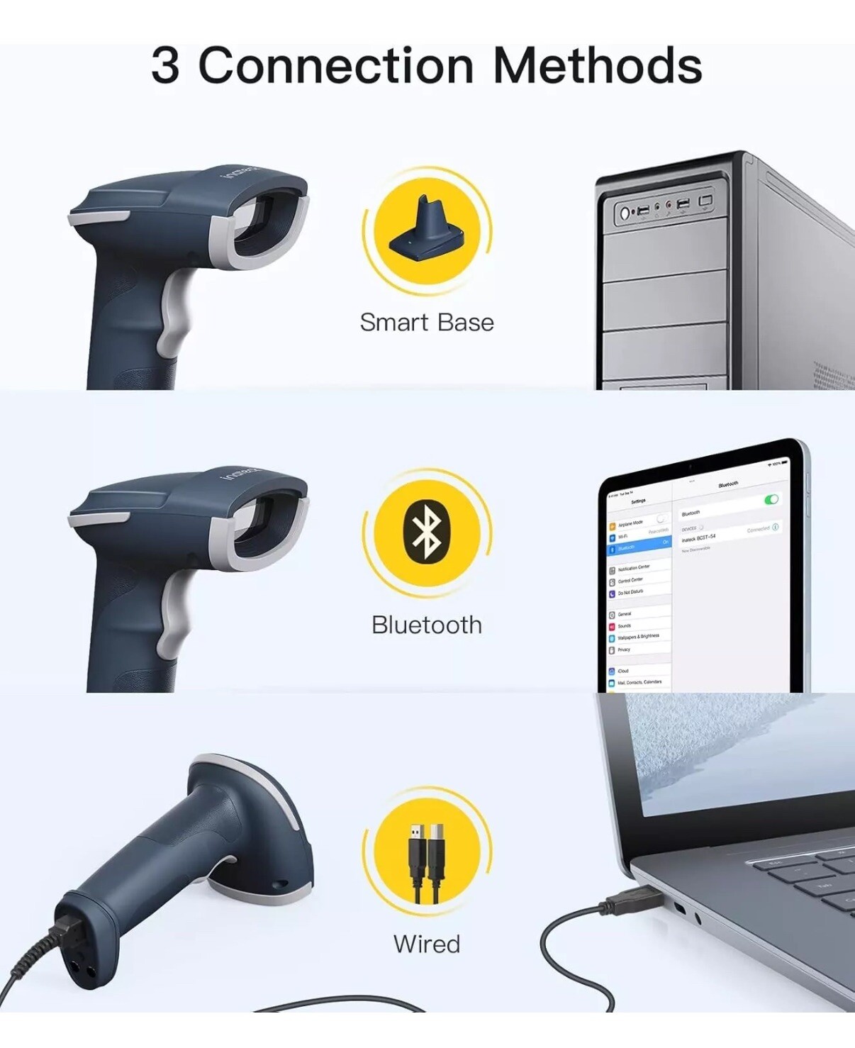 2D Wireless QR Barcode Scanner 3 in 1 Reader Screen Scanning Smart Stand BCST-54
