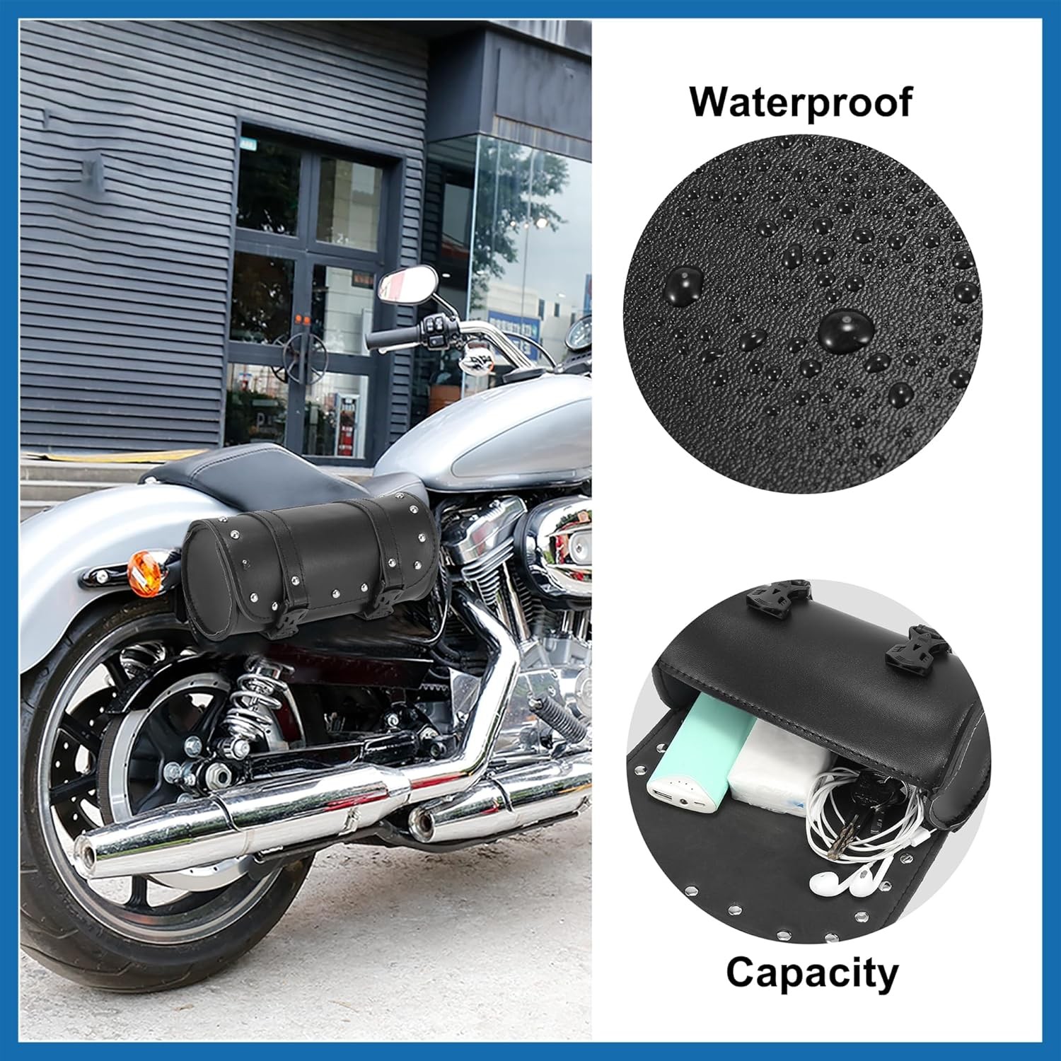 "Universal Motorcycle Fork & Handlebar Tool Bag, Waterproof Faux Leather - Black