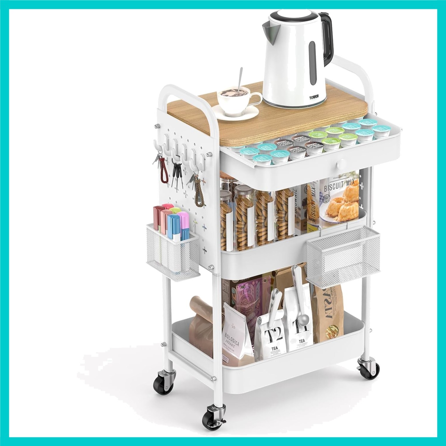 Multi-Color 3 Tier Rolling Cart with Wood Top - Organize Your Space Beautifully