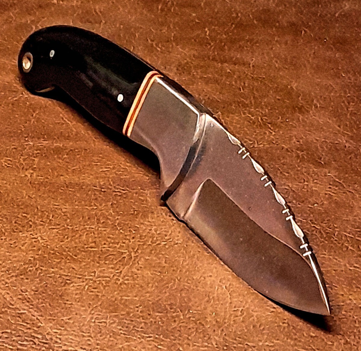 7" Real Horn Handle Fileworked Skinner Knife w/Leather Sheath
