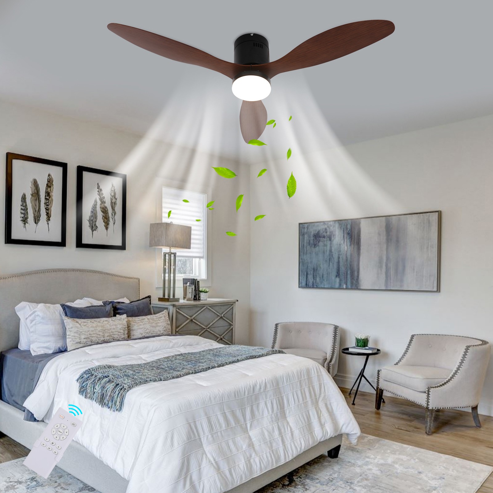 Wood Ceiling Fan with Light & Remote Quiet Reversible Flush Mount LED Fan Light