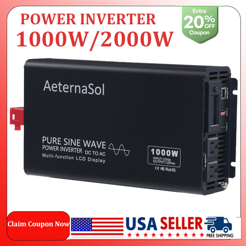 1000W 2000W Power Inverter Pure Sine Wave Inverter 12V DC to 120V AC Converter