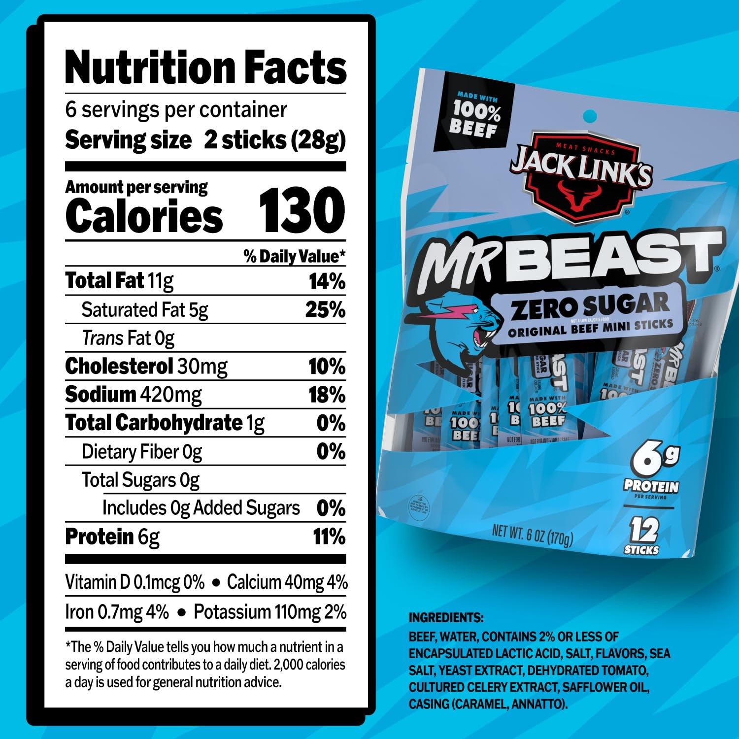 Jack Link’s x MrBeast Beef Sticks, Zero Sugar Mini Beef Sticks, As Seen on Be...