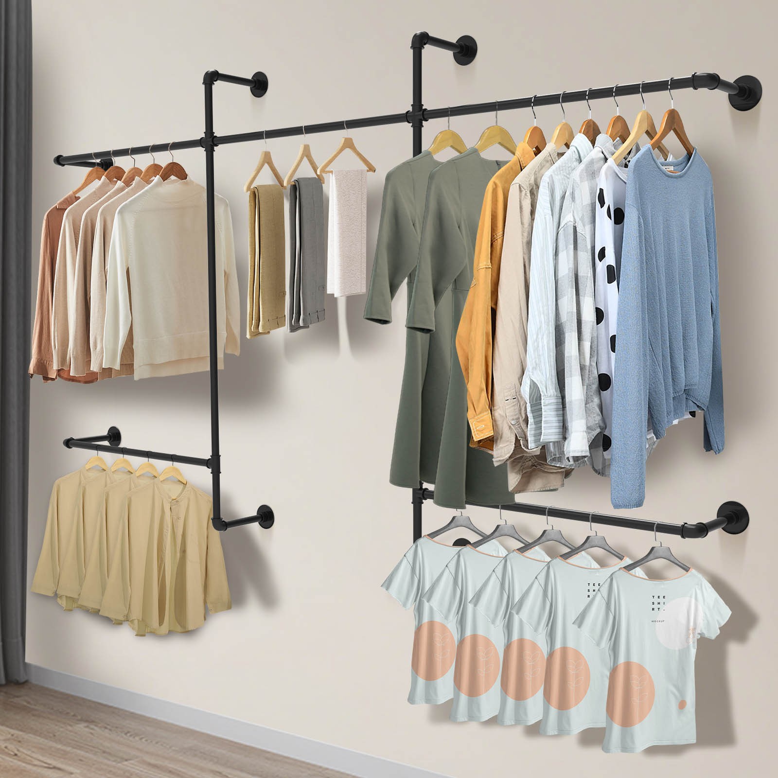 Pipe Clothing Racks Wall Mounted, Pipe Clothes Rack with 5 Hanging Rods