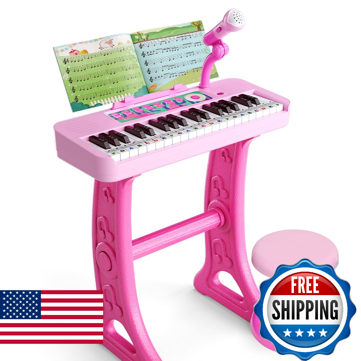 Casrra Kids Piano Keyboard Toy Stool Toddler Girls Pink Toy Piano Stand For