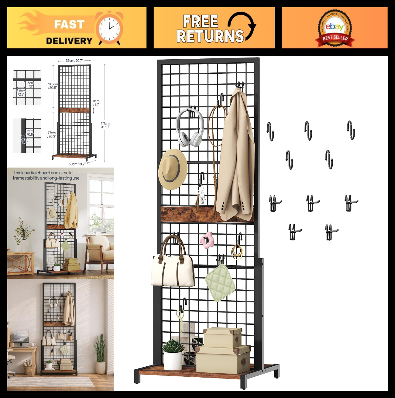 Movable Grid Display Rack 5.6' x 2.1' Ft, Wire Panel Stand with Hooks for Storag