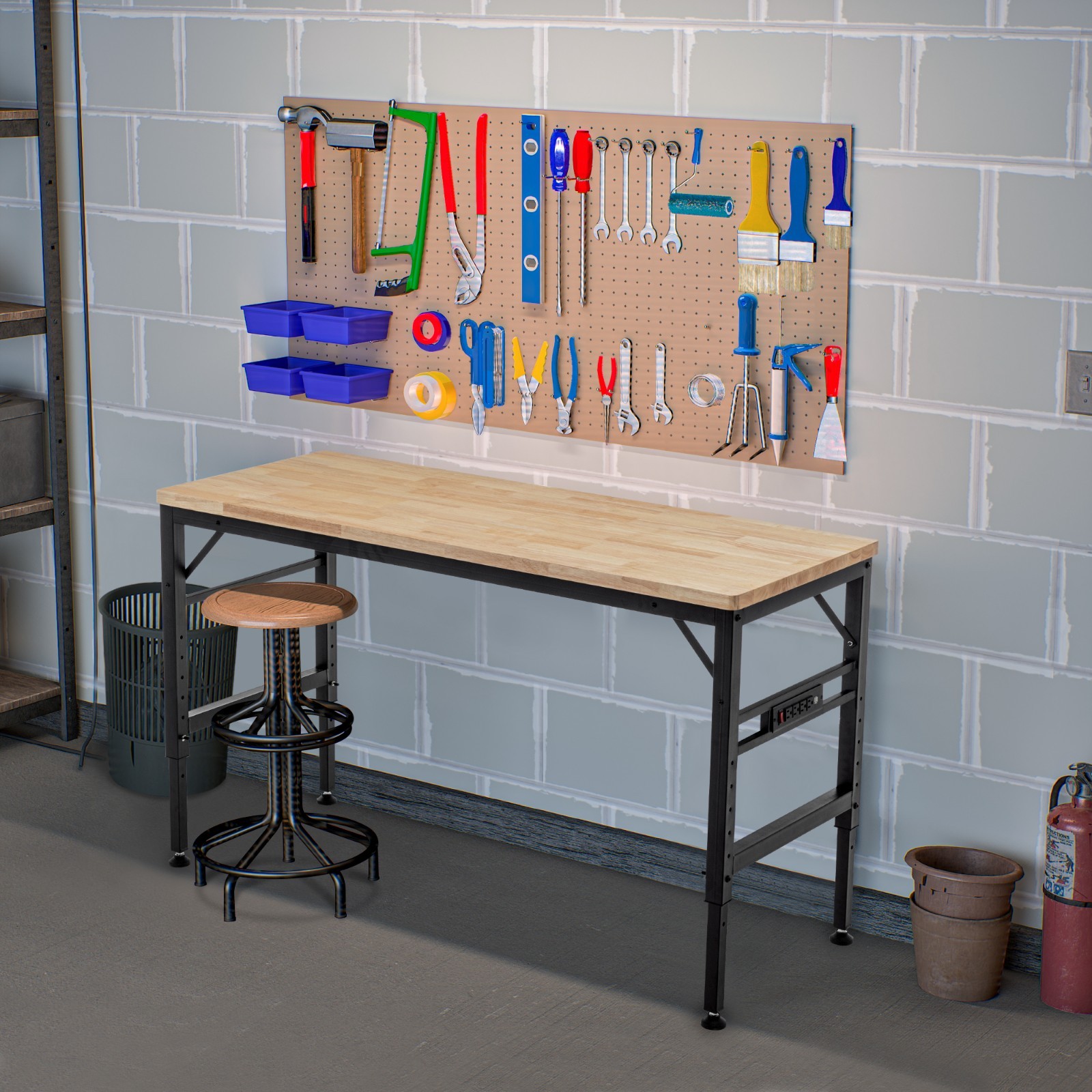 Adjustable Height Workbench, 60" Rubber Wood Top Heavy duty Workstation with Pow
