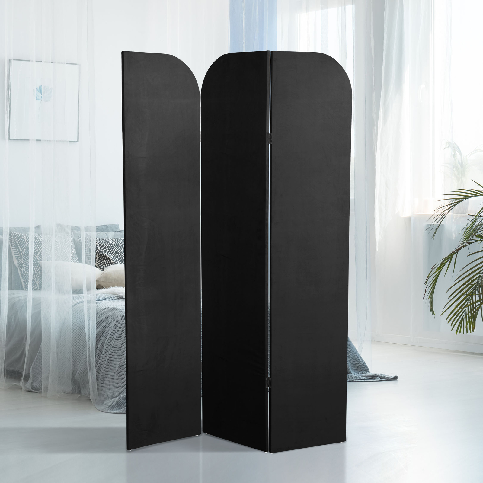 6 ft. Modern Arch Velvet Room Divider Black 3 Panel