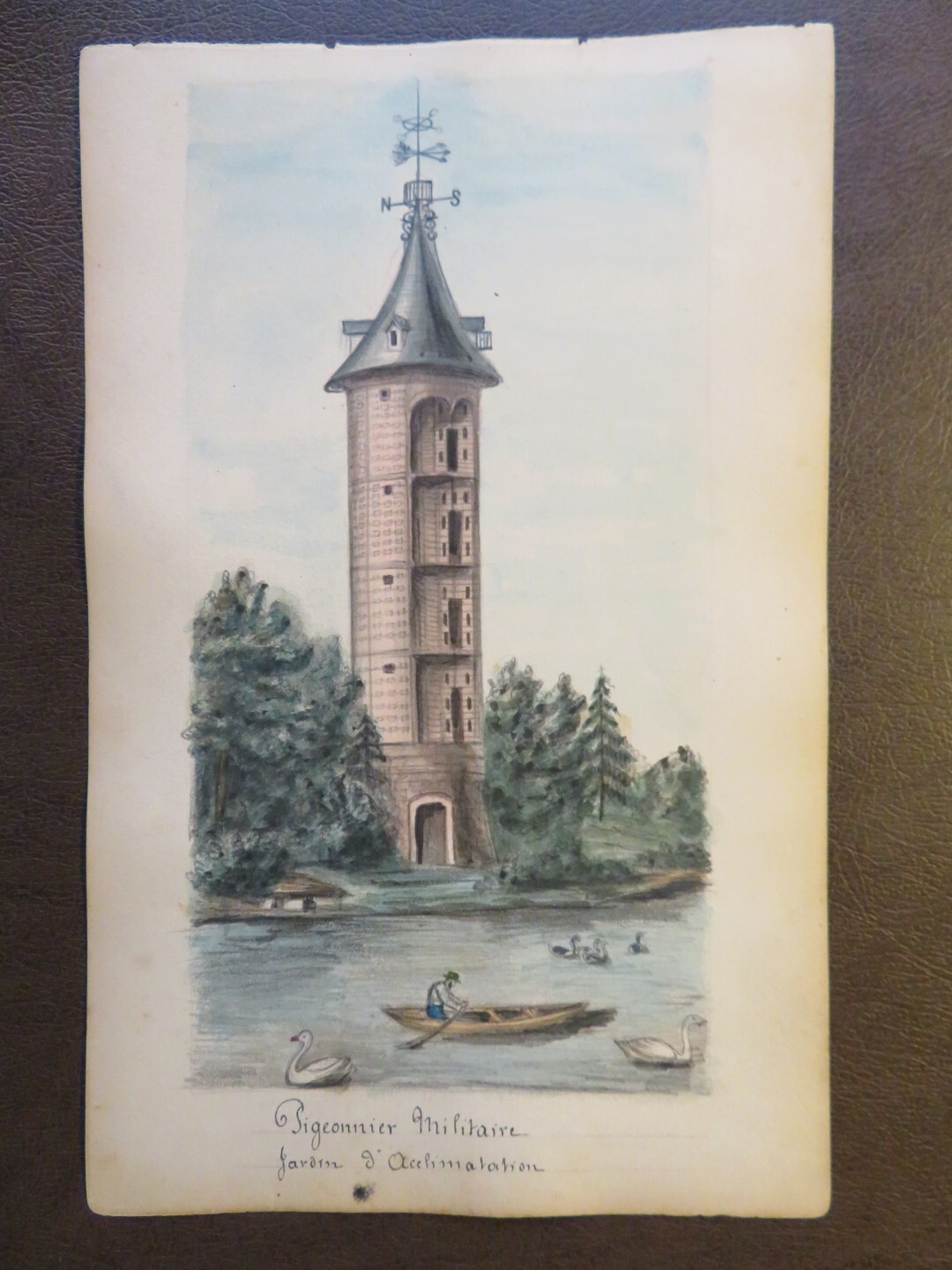 WATERCOLOR DRAWING DOVECOTE VIEW GARDEN ACCLIMATIZATION BOULOGNE PARIS 1880