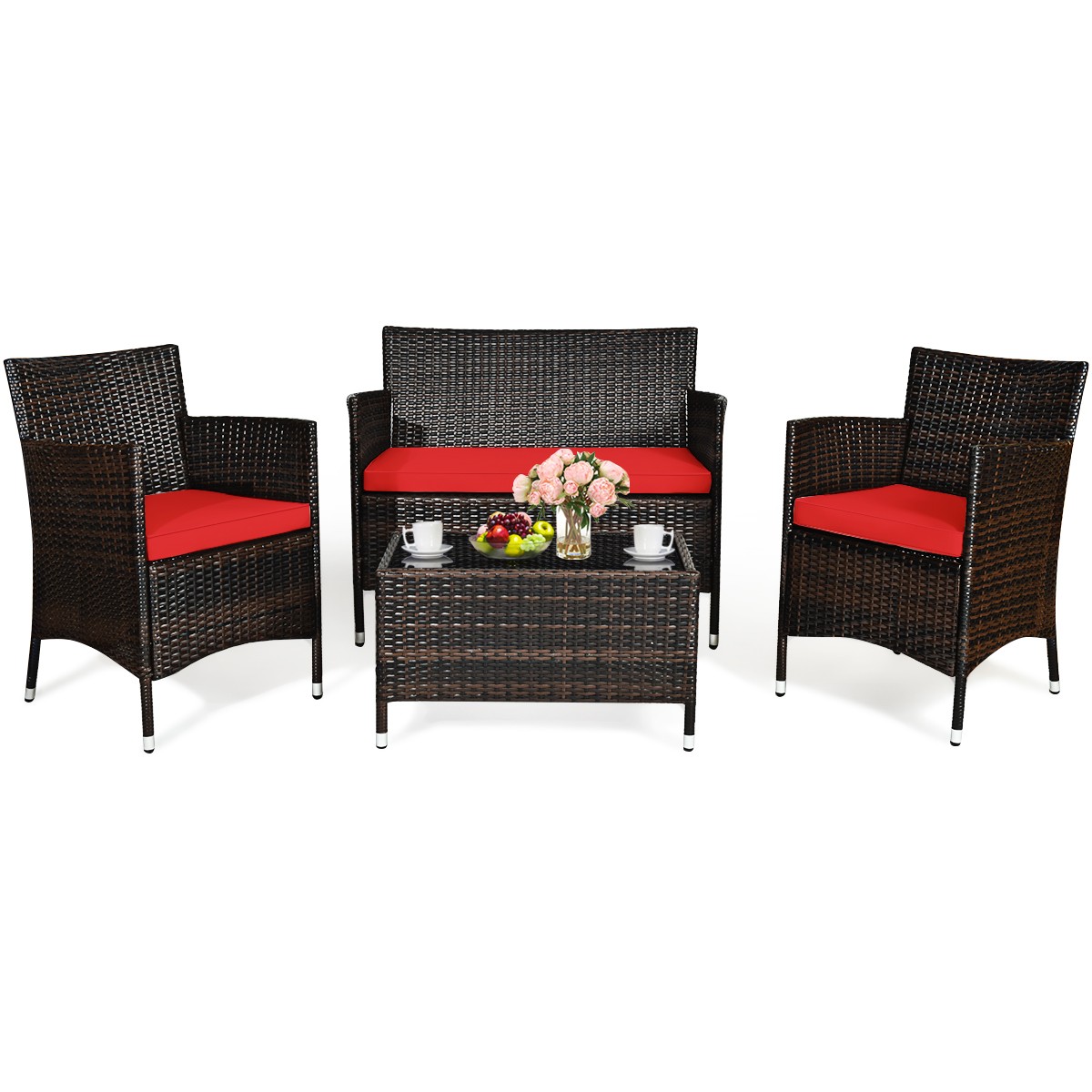 Patiojoy 4PCS Rattan Furniture Set Cushioned Sofa Chair Couch Coffee Table Set