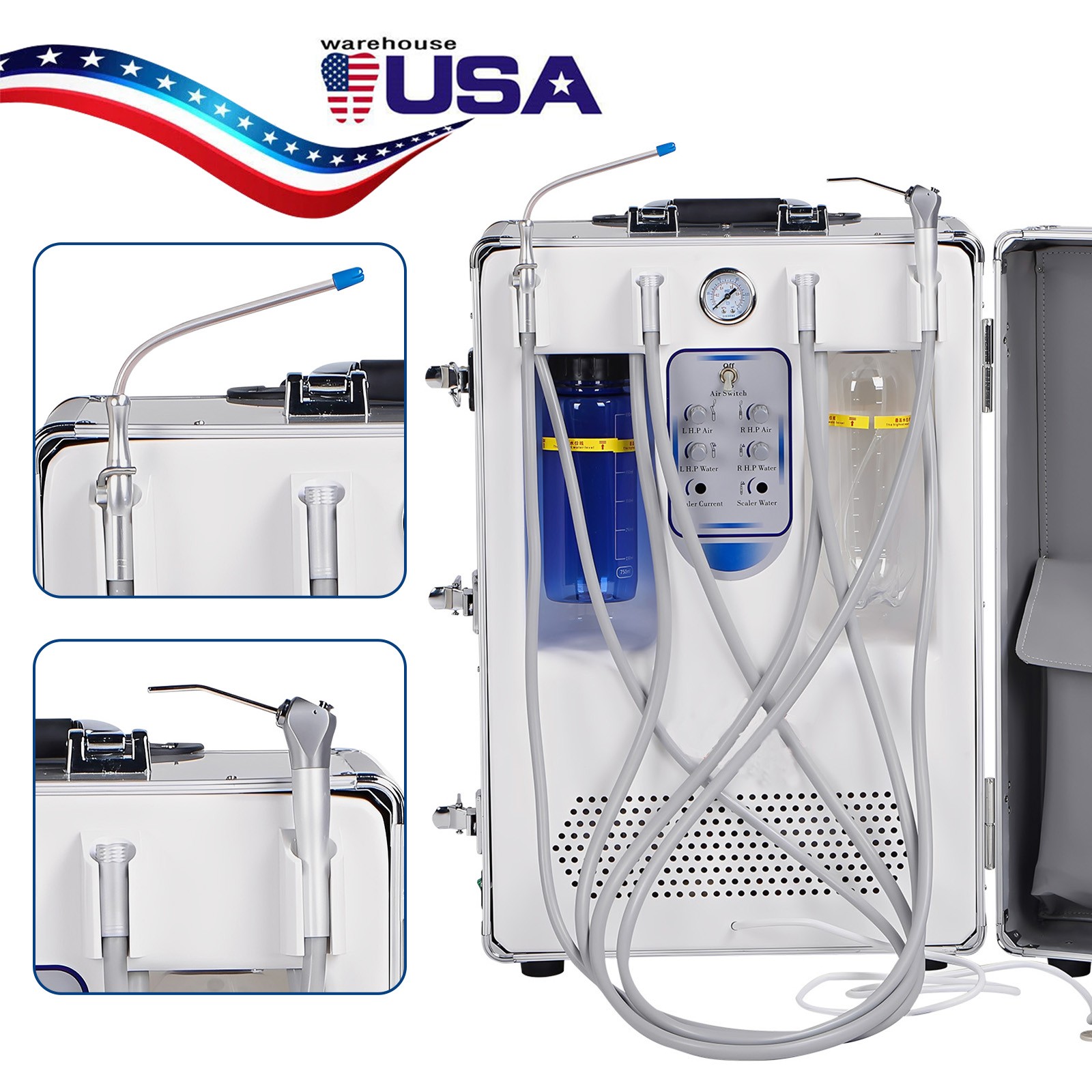 Portable Dental Delivery Unit Rolling Case Air Compressor Syringe Suction 4Hole