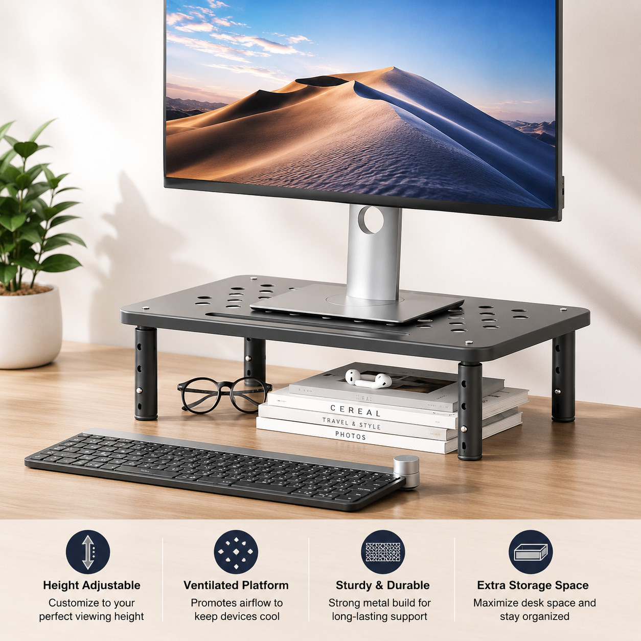 Adjustable Monitor Stand Riser Desktop Shelf with Storage Space and Steel Frame