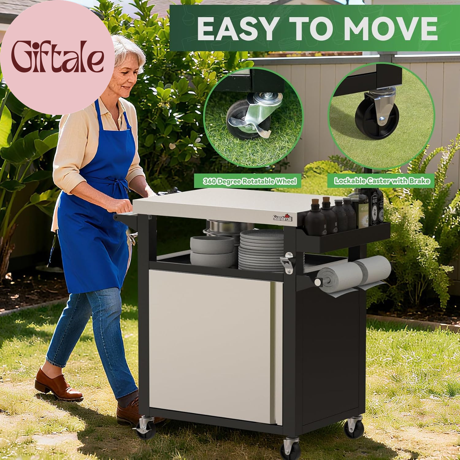 Rolling Grill Table Cart with Storage Cabinet, 3-Shelf Movable Prep Table Outdoo