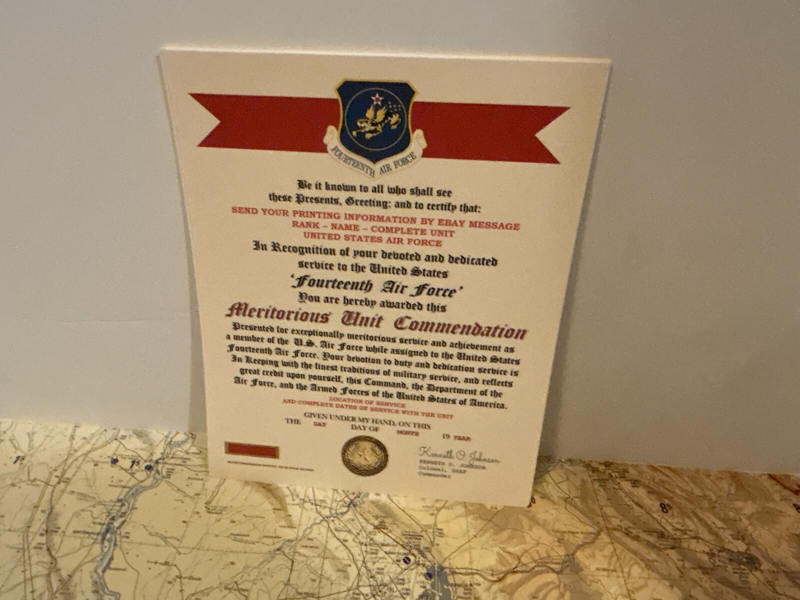 U.S. AIR FORCE / 14TH AIR FORCE - MERITORIOUS UNIT COMMENDATION CERTIFICATE