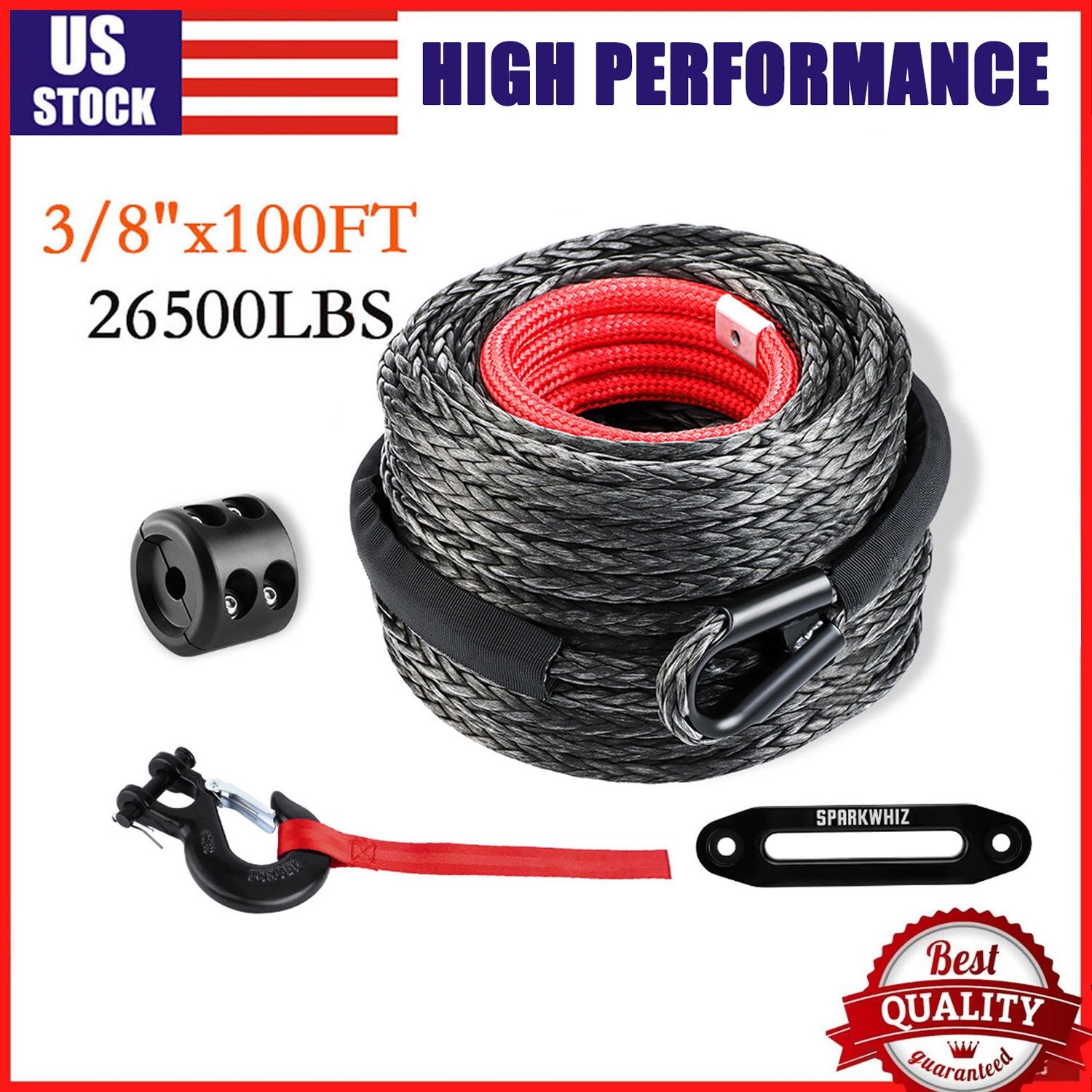 26500LBS Synthetic Winch Rope 3/8"x100ft Winch Cable Line w/Winch Hook for Truck