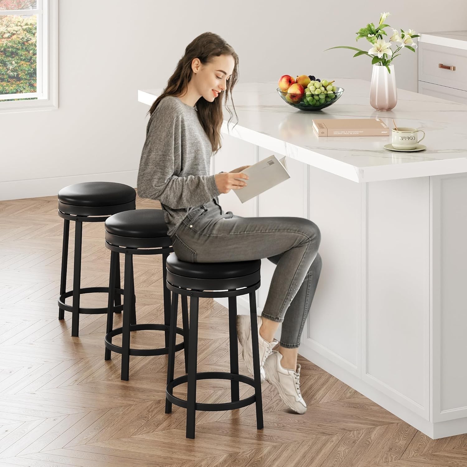 Backless PU Leather Height Stools: 24" Swivel with Adjustable Footrest for Home