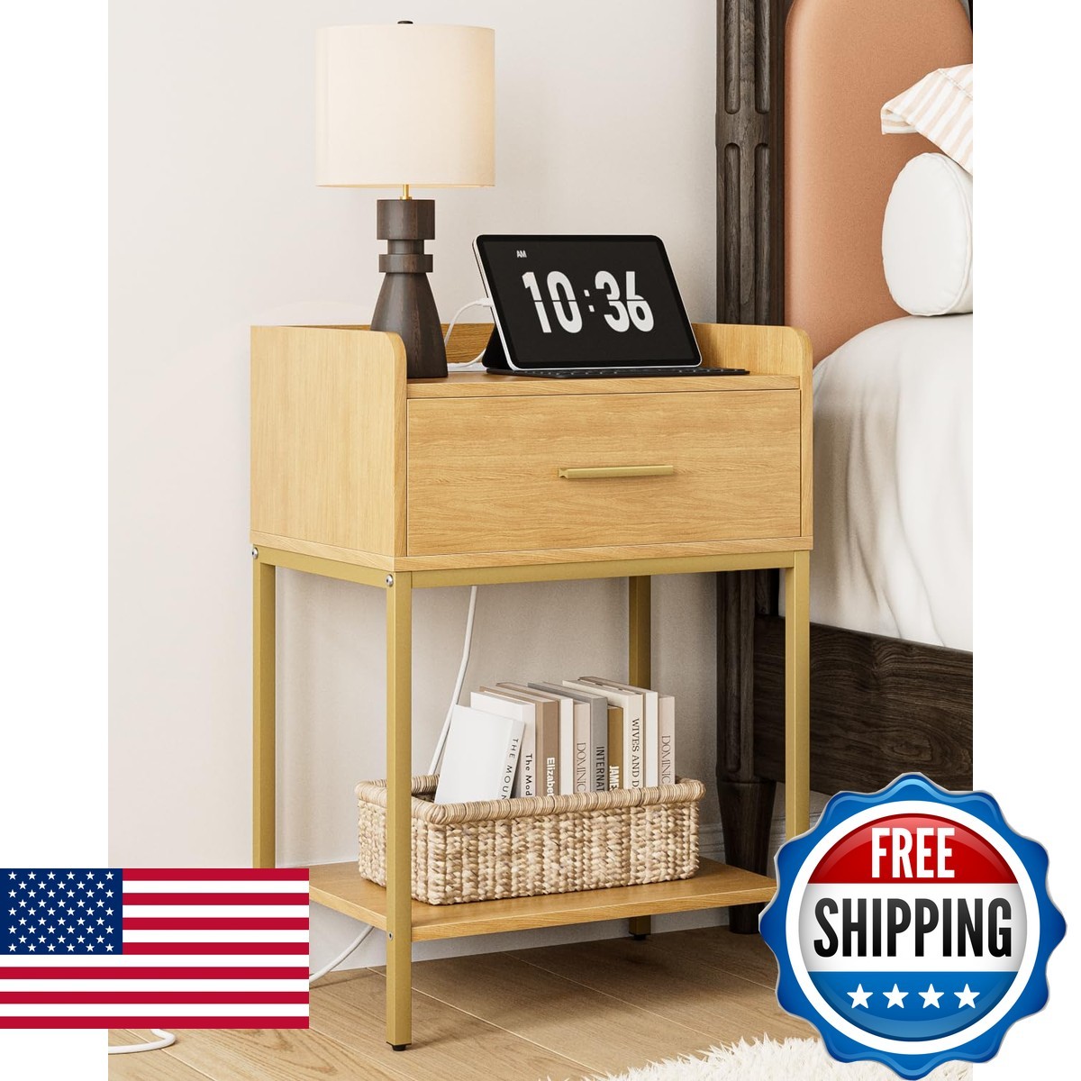 AEPOALUA Nightstand Charging Station, Oak & Gold, Drawer, Open Shelf, Narrow
