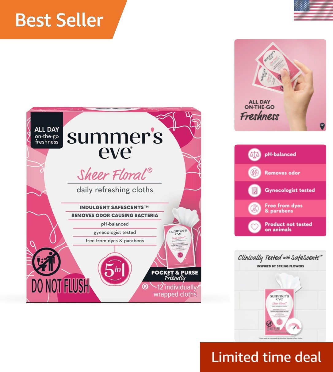 Individually Wrapped Sheer Floral Feminine Wipes - 12 Count for On-the-Go Care