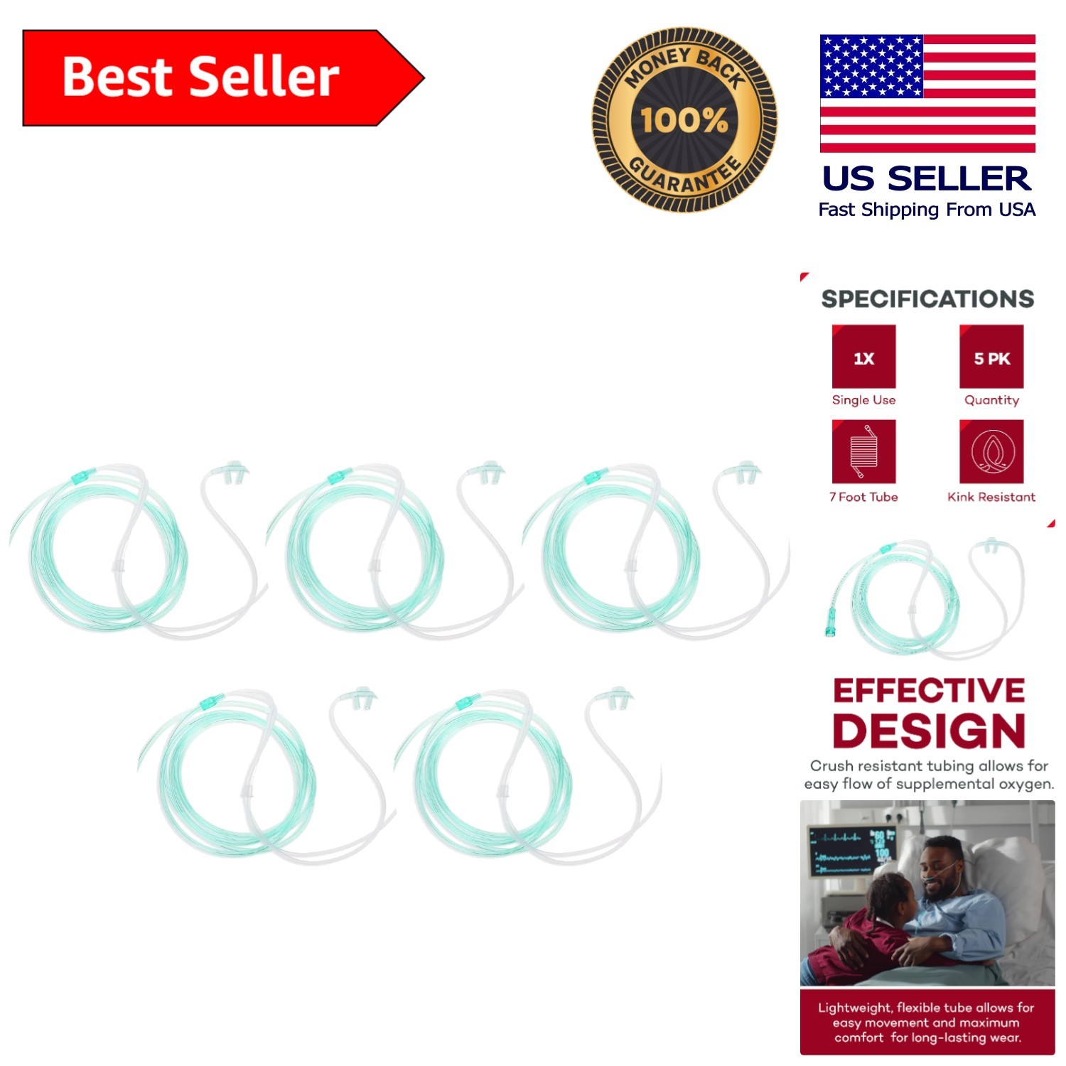 5-Pack Soft Green Adult Nasal Cannula, 7 ft Kink-Resistant & Lightweight