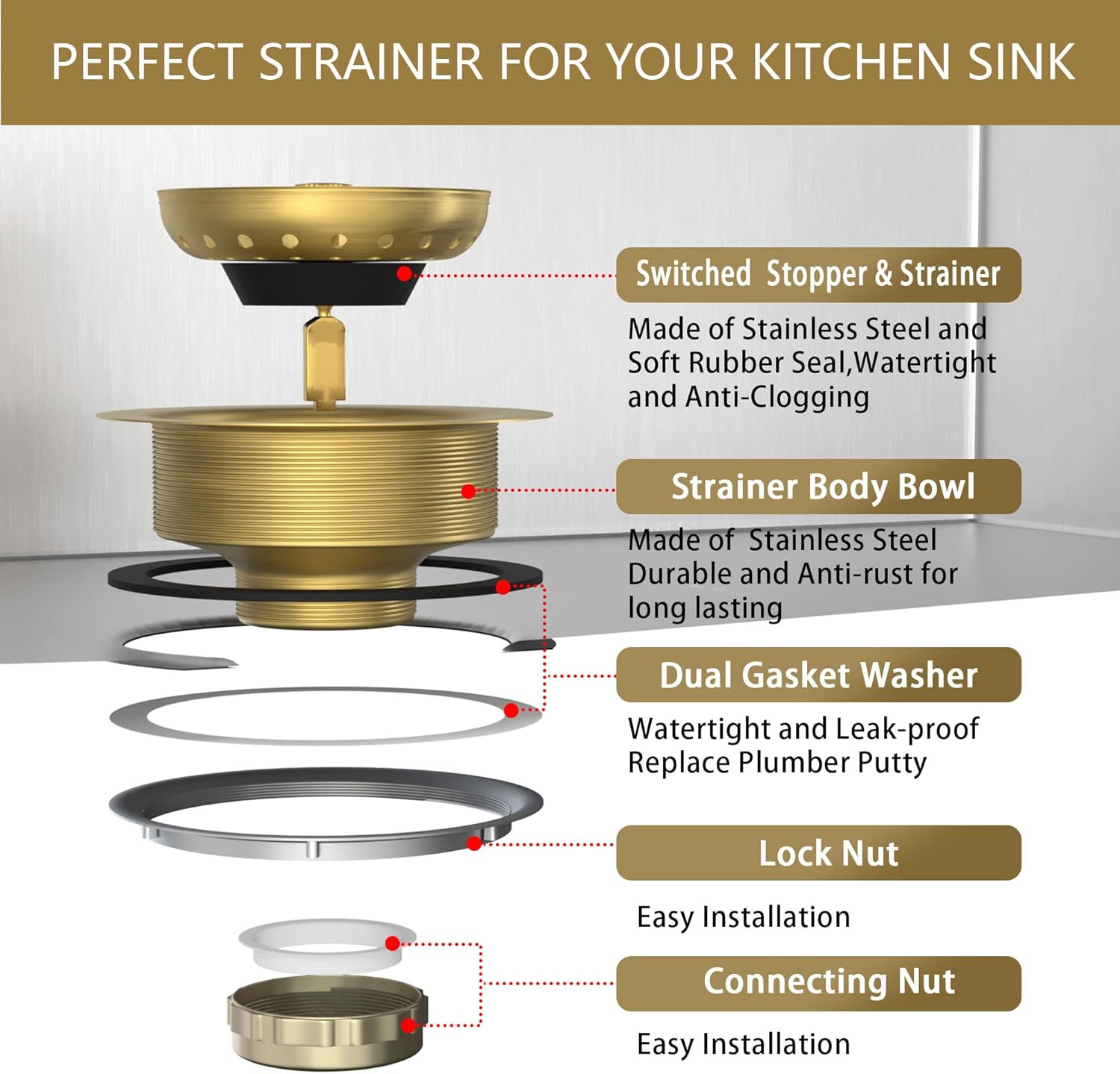 Kitchen Sink Drain Gold Sink Drain Strainer with Fixed Post 3-1/2 Inch Kitchen D