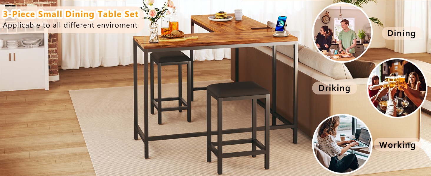 L Shaped Bar Table with Stools, 63‘’ Bar Height Table with Power Outlets,