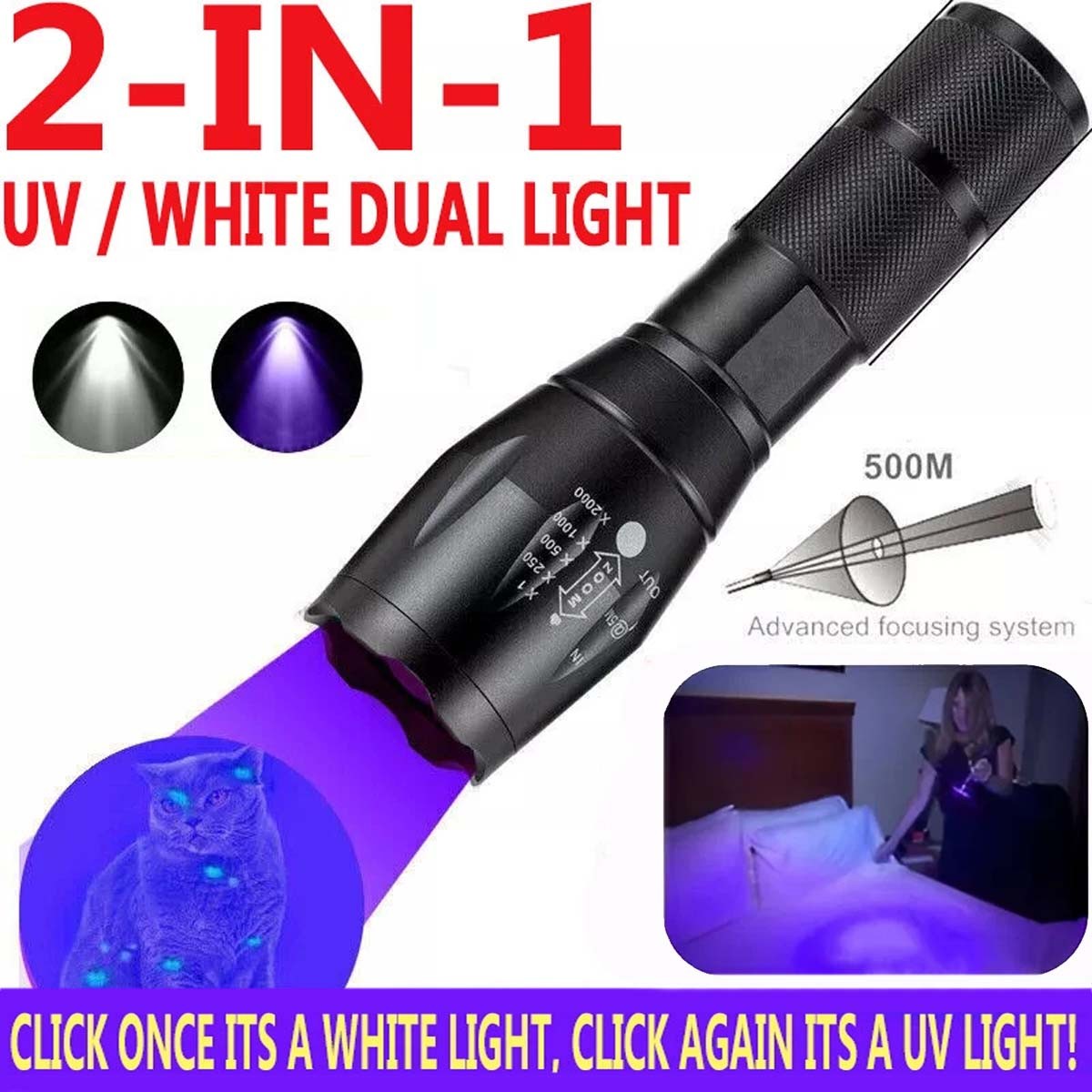 New Multi Function Flashlights 2 Color Lights Black Light UV Flashlight