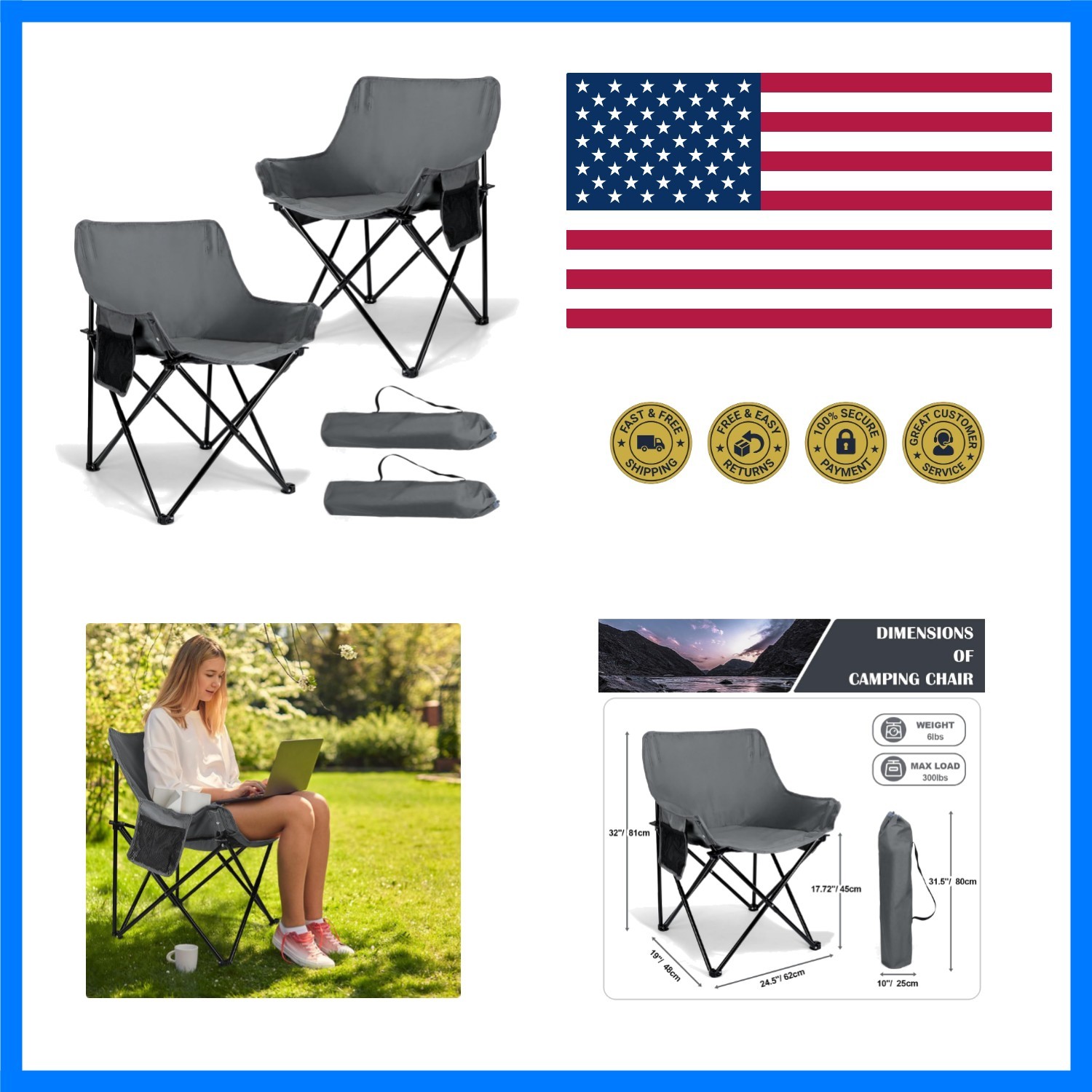 Beach Camping Chair 2 Pack, Outdoor Folding Chair for Adults, Heavy Duty Port...